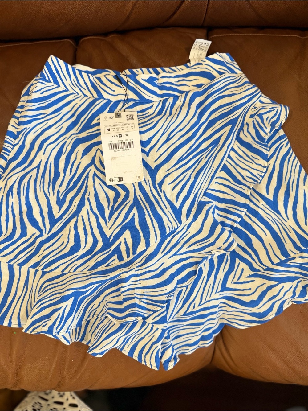 Zara Blue and White Zebra Print Ruffle Mini Skort